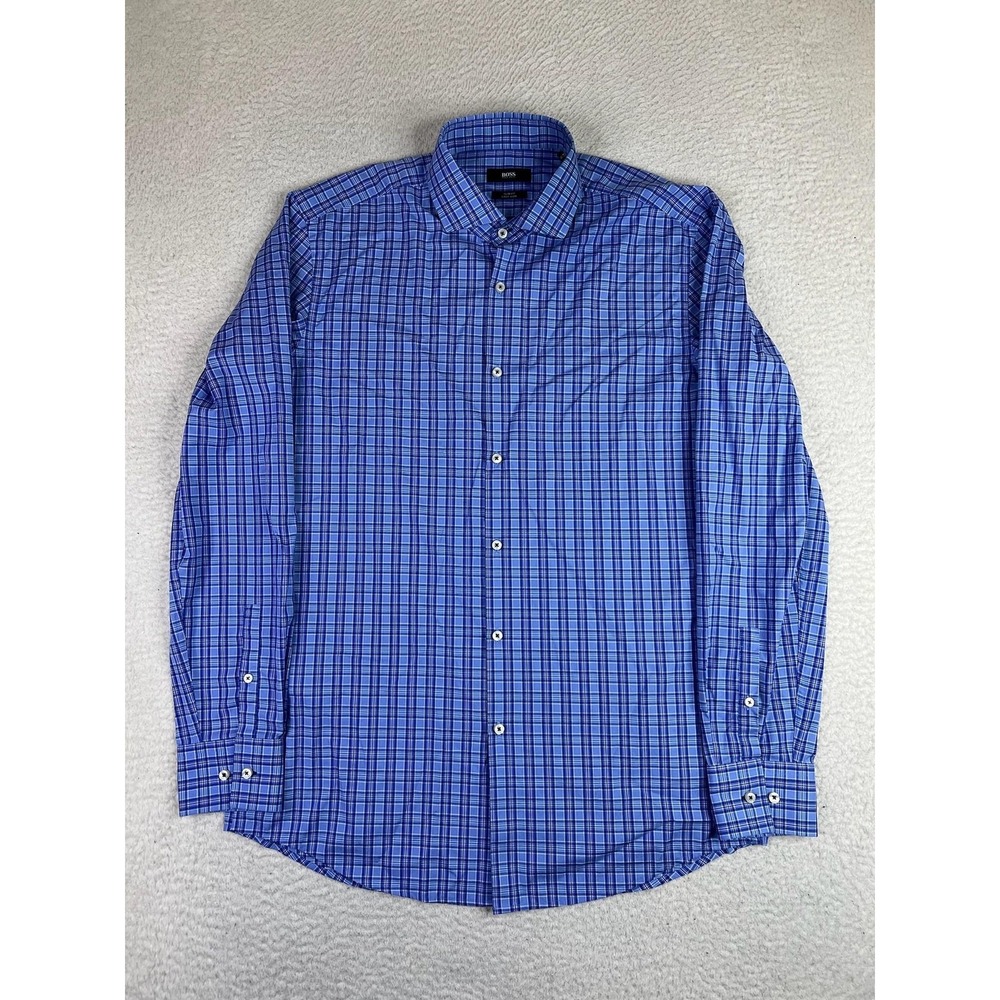 BOSS Hugo‎ Boss Dress Shirt Mens 16 32/33 Blue Plaid Slim Easy Iron LS Cotton